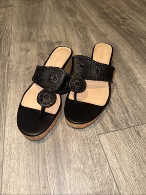 Jack Rogers Black Leather Toe-Post Wedge Sandals